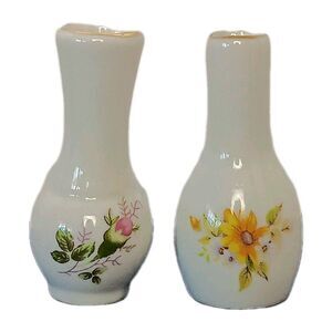 Miniature Vase 2 1/2” Tall Porcelain  Yellow and Pink Flowers Gold Rim Vintage